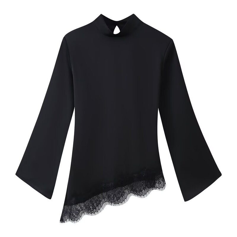 Myst&Za 2026 Fashionable European and American Style New Lace Patchwork Asymmetrical Lace Shirt with Unique Back Tie