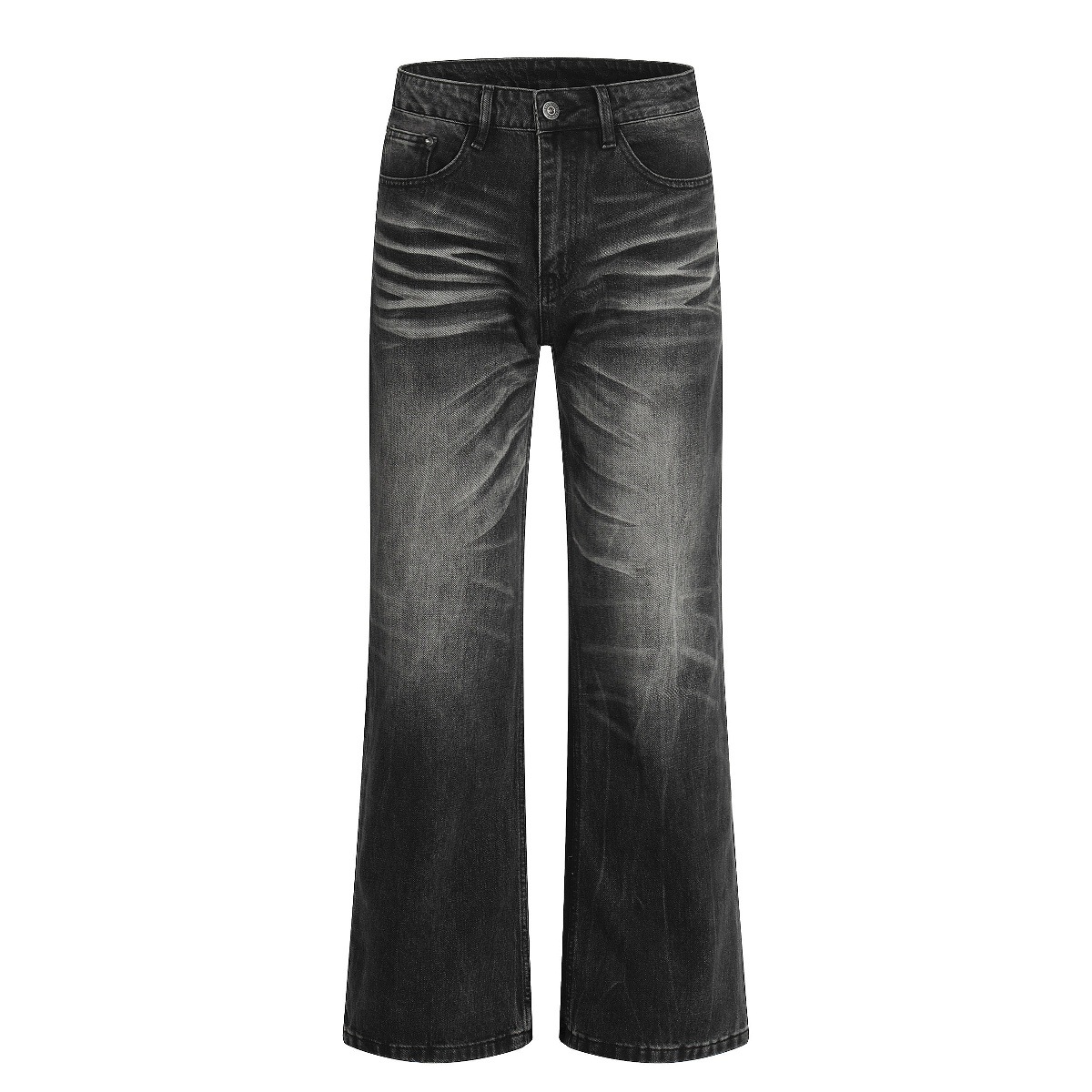 Curved Wash Distressed Slimming Jeans American Style High Street Slightly Flared mid Waist Long Non-Stretch Softener_mkmklike.com