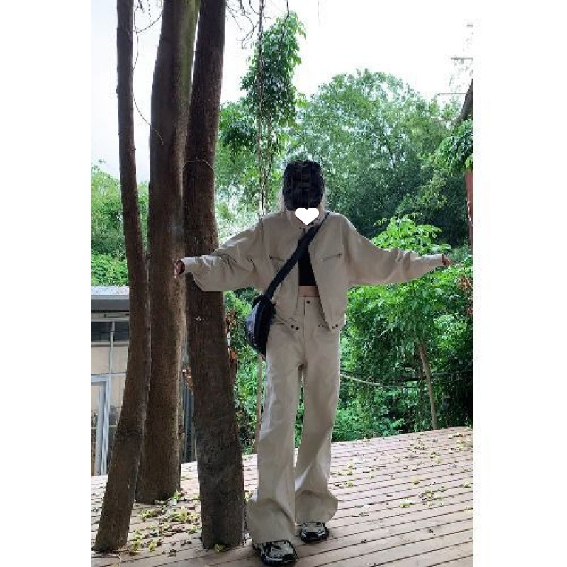 复古套装女气质立领夹克外套2025年春季高腰工装裤休闲裤两件套|undefined