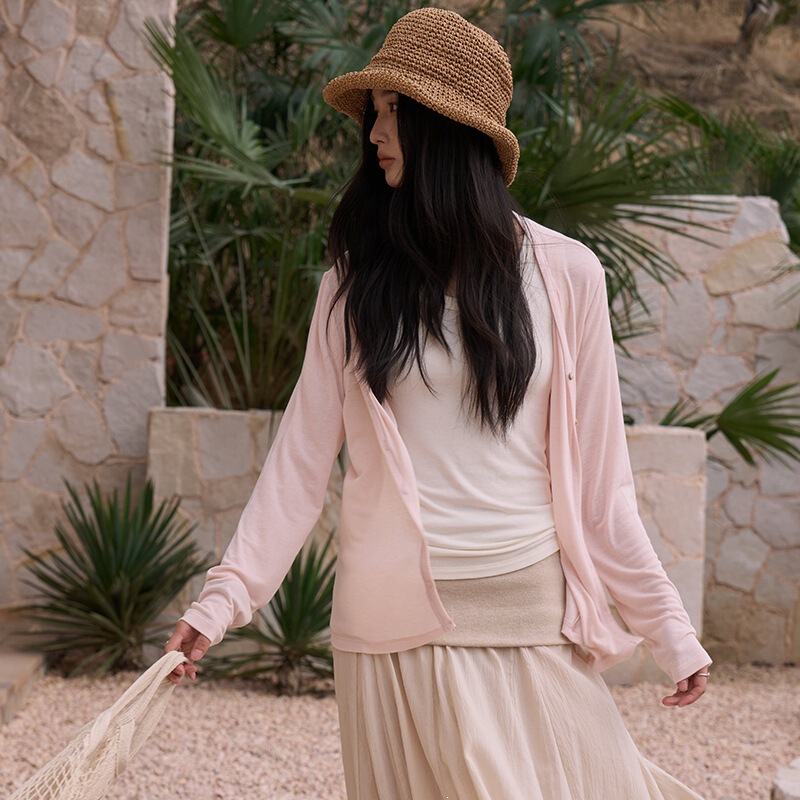 Nicole's real silk wool knitted cardigan for women, spring/summer V-neck thin cover-up with striped sun protection top Nicole's real silk wool knitted cardigan for women, spring/summer V-neck thin cover-up with striped sun protection top