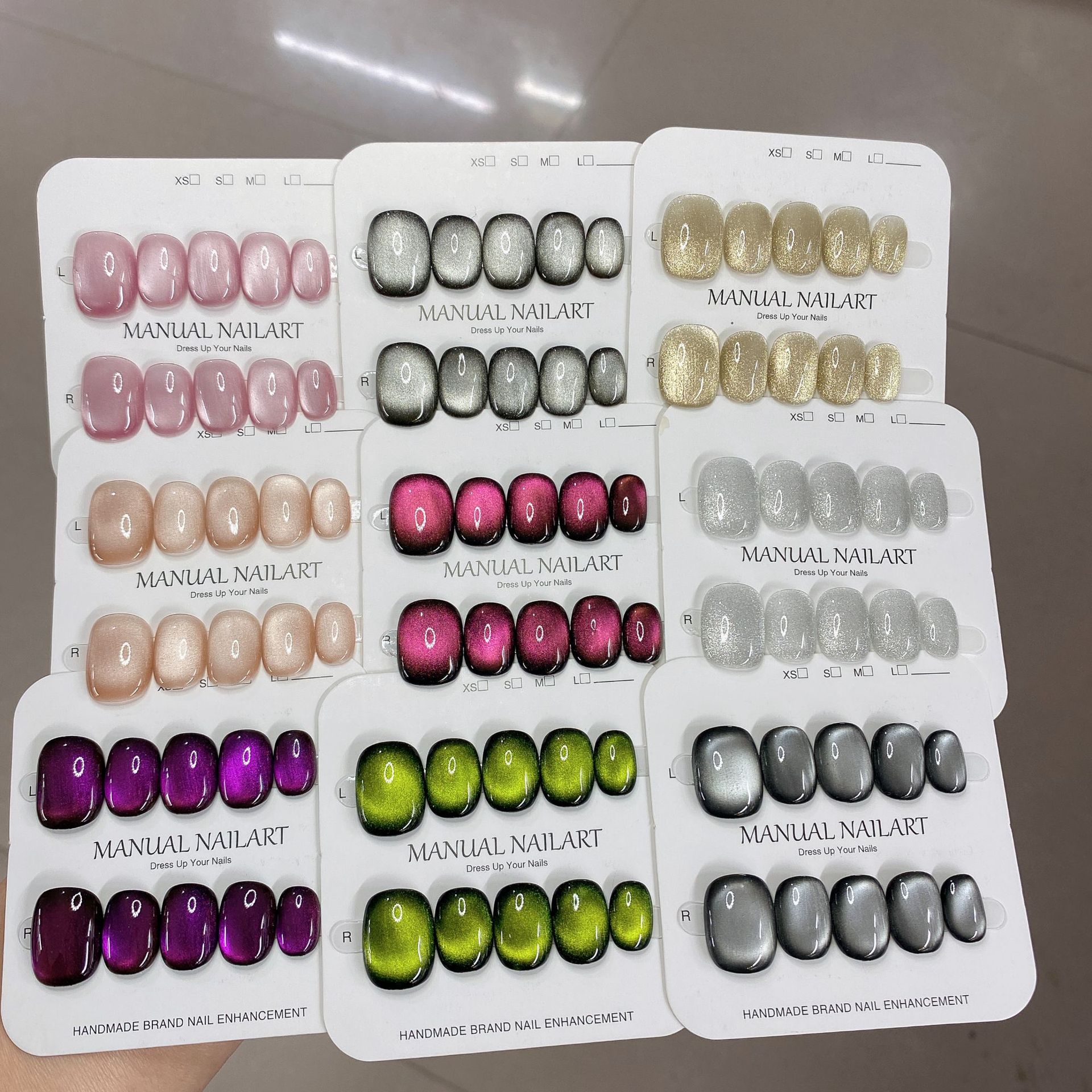新品跨境纯手工穿戴甲光疗美甲贴片成品批发高级感爆闪猫眼可拆卸
