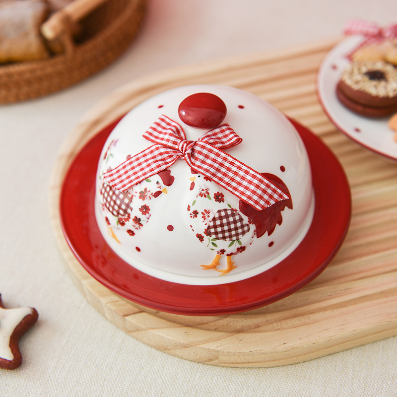 Estilo pastoral rojo floral pollo cerámica plato de mantequilla decorativo merienda plato postre plato ins estilo vajilla Pascua