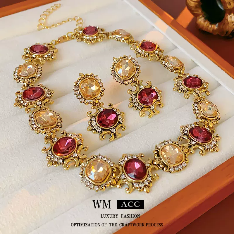 中古vintage镶钻圆形项链时尚设计感锁骨链高宫廷风轻奢首饰套装