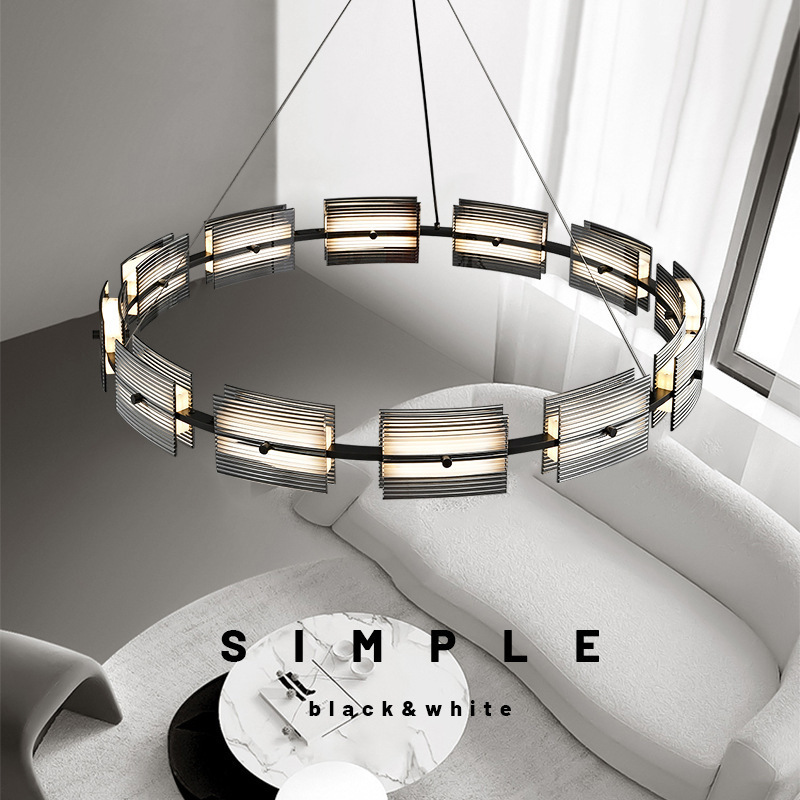 lámpara de sala de estar de vidrio italiano diseñador ligero estilo de anillo de dormitorio lujoso diseño candelabro principal comedor postmoderno extremo de gama alta