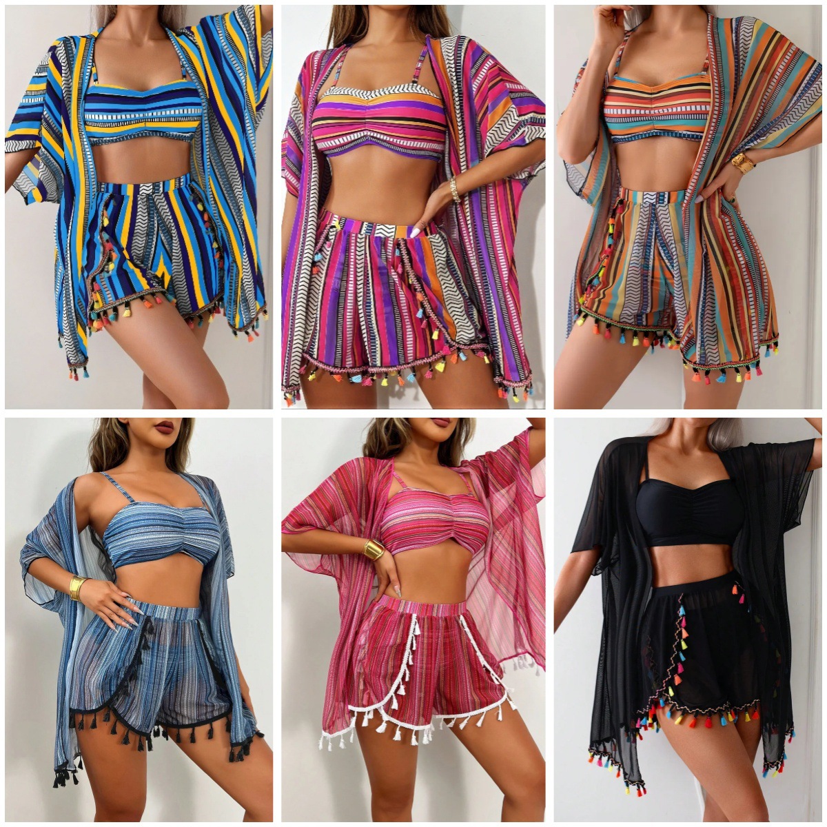 2025 European and American Middle East Cross-Border Amazon Sun Protection Cover-Up Sexy Tassel Bikini Four-Piece Swimsuit Set