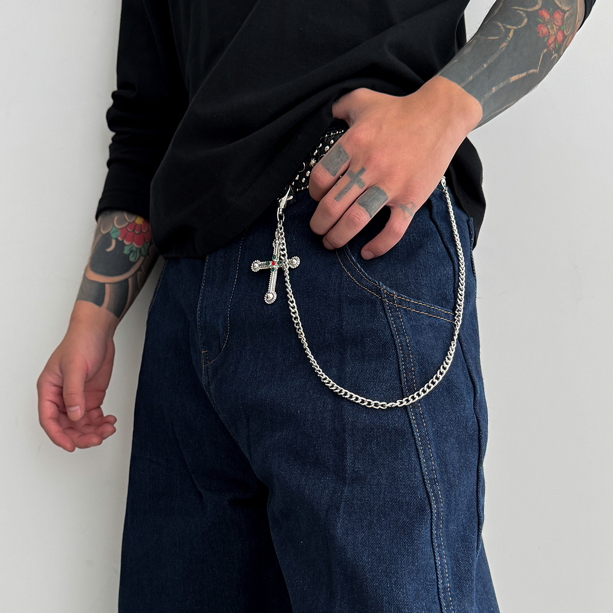 Exaggerated Large Cross Pendant Pants High-End Feel Jeans Men's Simple Waist Chain_voghion.com