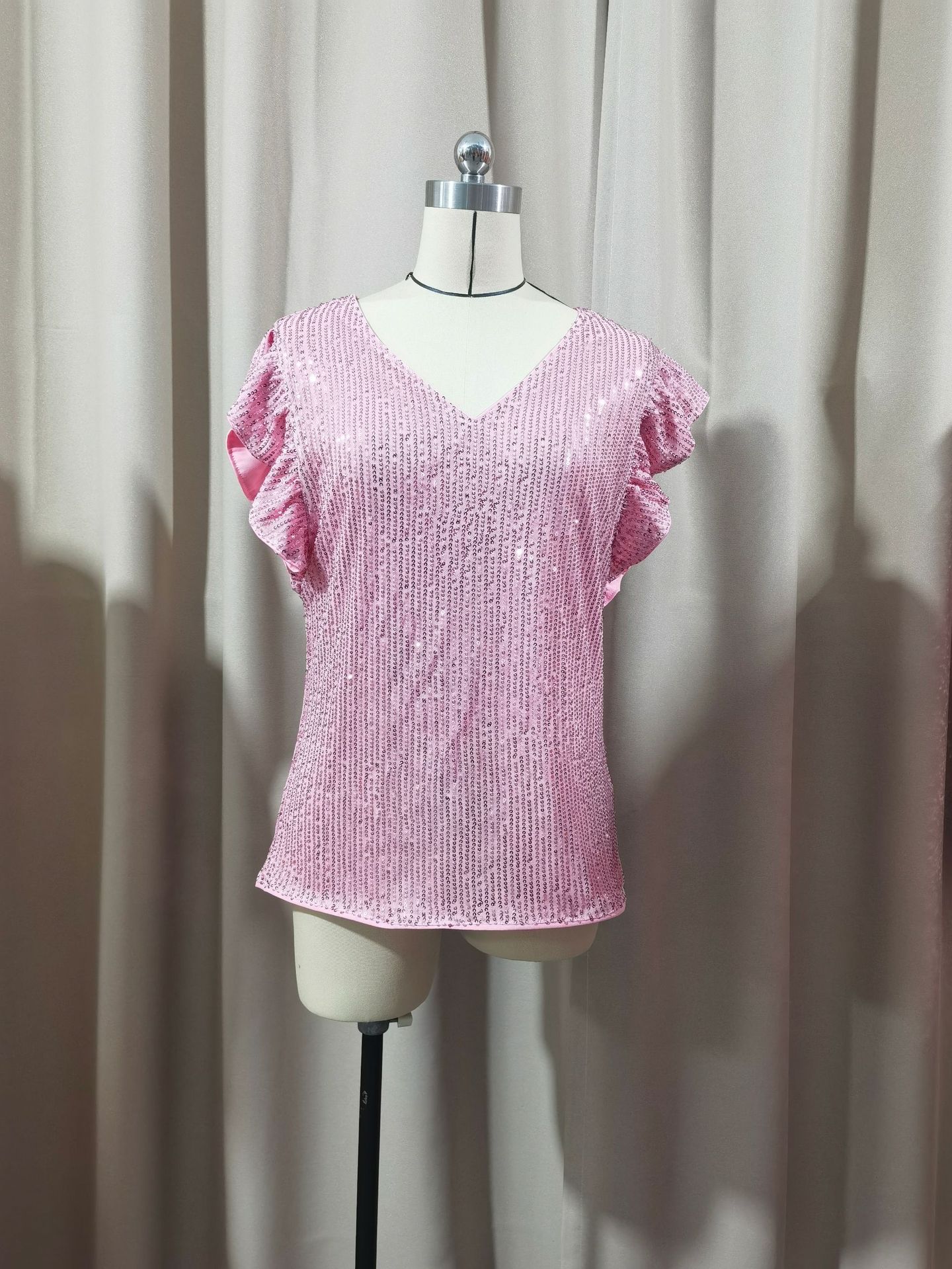 Women's Sexy V Neck Flutter Short Sleeve Sequin Top – Glitter Casual Summer Tee_ecoleips.com