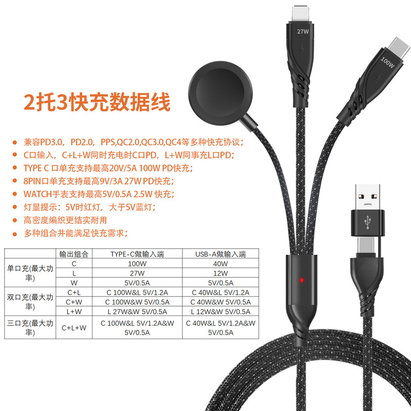 100W二拖三数据线适用苹果iWatch手表磁吸无线充五合一快充线5A|undefined