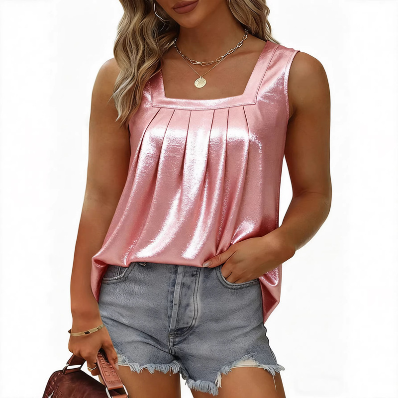 European and American Cross-Border New Style Women's Gold-Stamped Sleeveless Sweet Square-Neck Ruched Sexy Tank Top European and American Cross-Border New Style Women's Gold-Stamped Sleeveless Sweet Square-Neck Ruched Sexy Tank Top