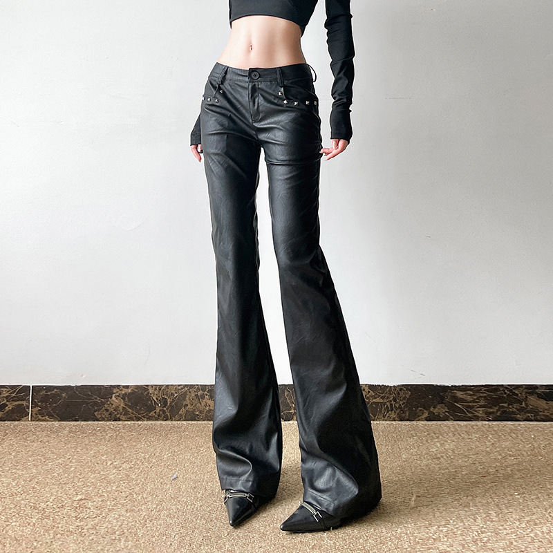 Lianli Bu Forget American Street Style Cool Hot Girl Rivet Low Waist Leather Pants Dark Rock Slim Straight-Leg Pants