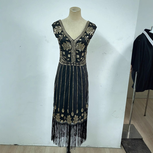 Low-priced clearance European and American Gatsby sequin dress, V-neck ballroom party fringe dress, host evening party stage costume for women
