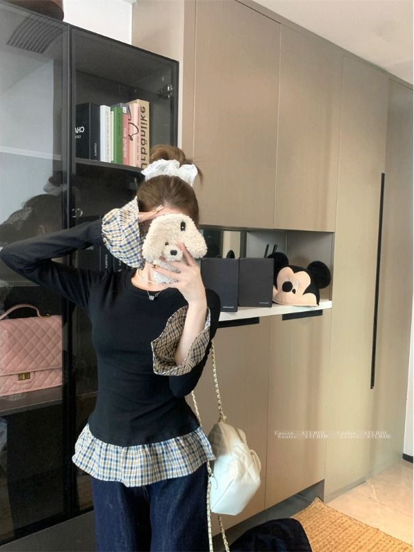 格子蝴蝶结假两件打底衫女春秋冬内搭独特别致设计感小众长袖上衣|undefined