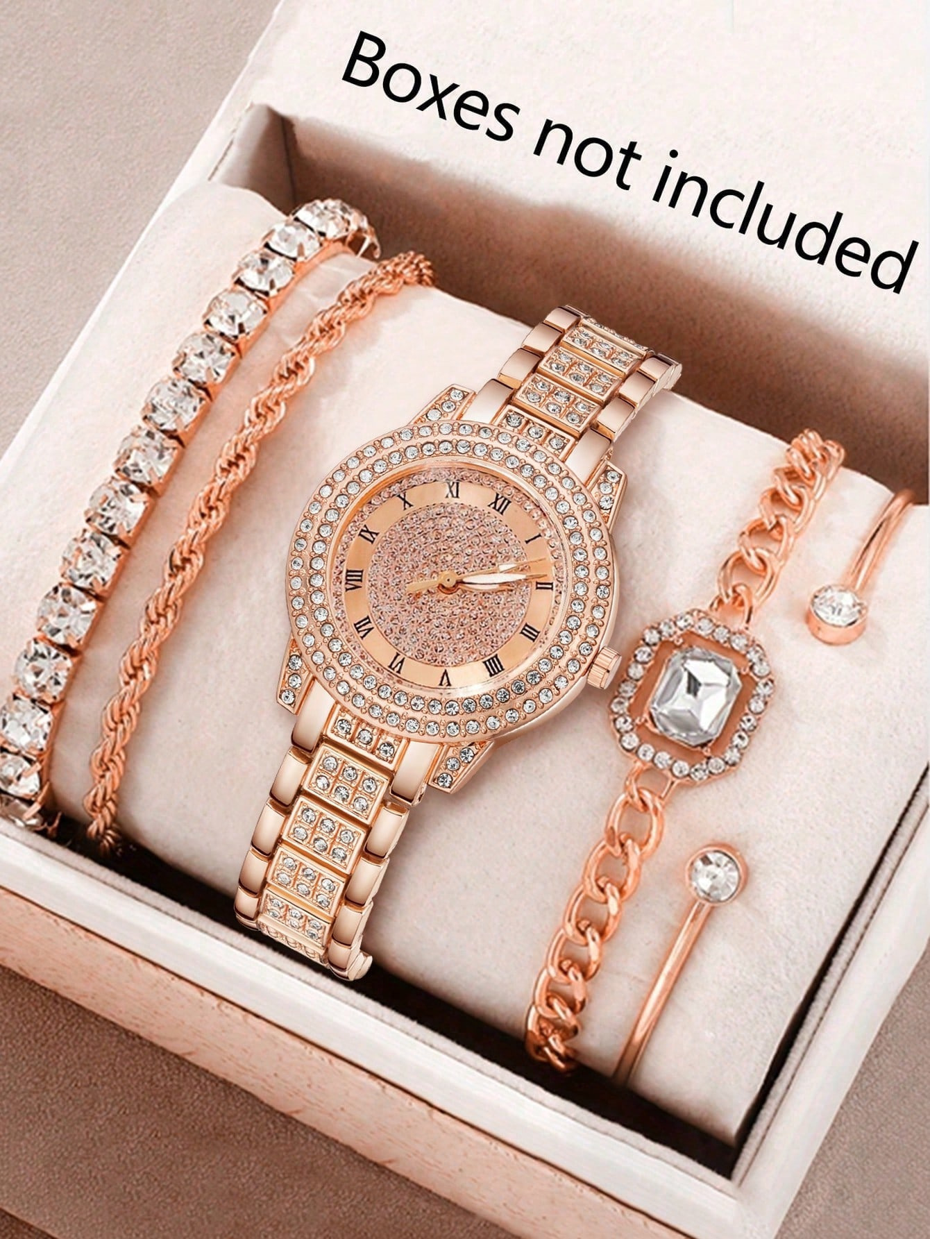 Ventas transfronterizas calientes oro reloj de cara romana pulsera damas 4 piezas conjunto de reloj de cuarzo de acero reloj de aleación de alta calidad image 14