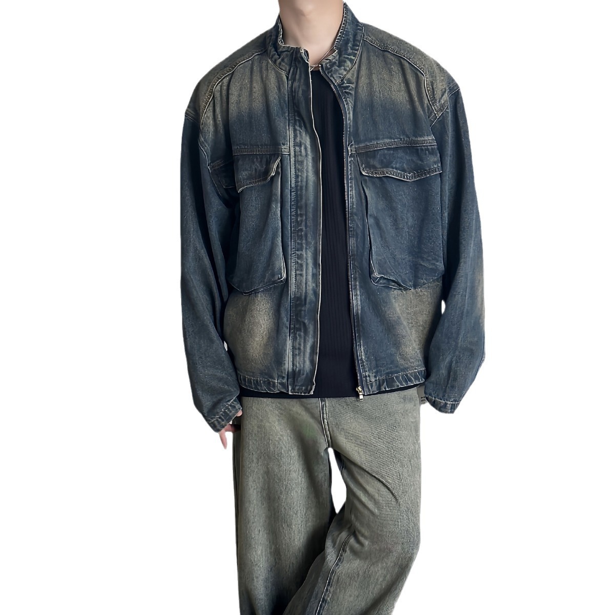 Otoño 2023 nostálgico azul retro flojo gran bolsillo del collar soporte Denim coat hombres casual zipper chaqueta de moda superior