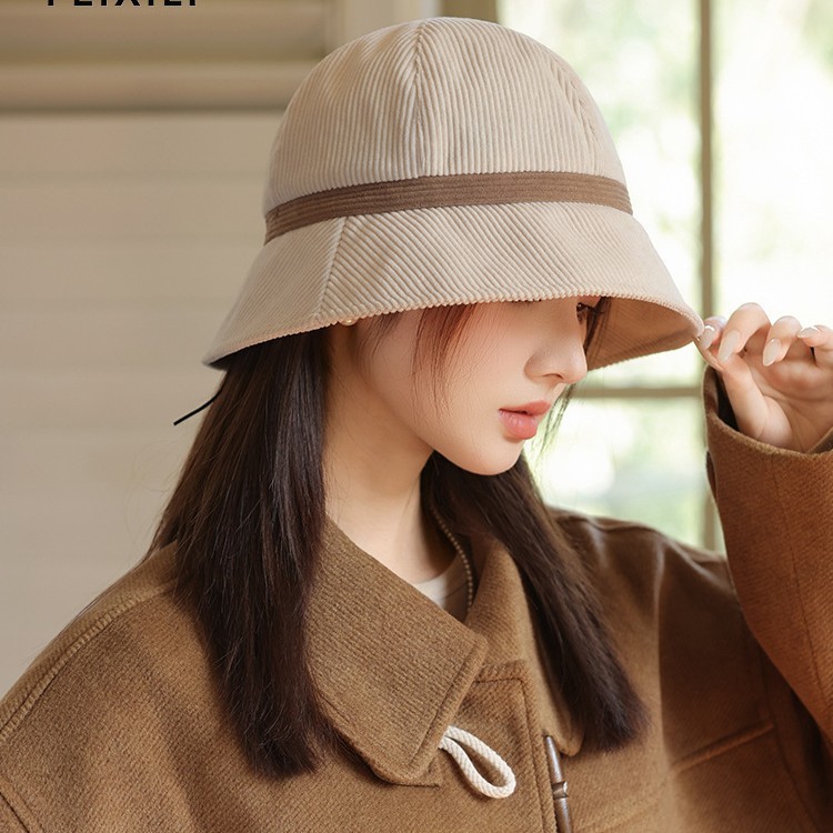 灯芯绒渔夫帽子女高级感秋冬季韩版保暖显脸小盆帽大头围时尚百搭|undefined