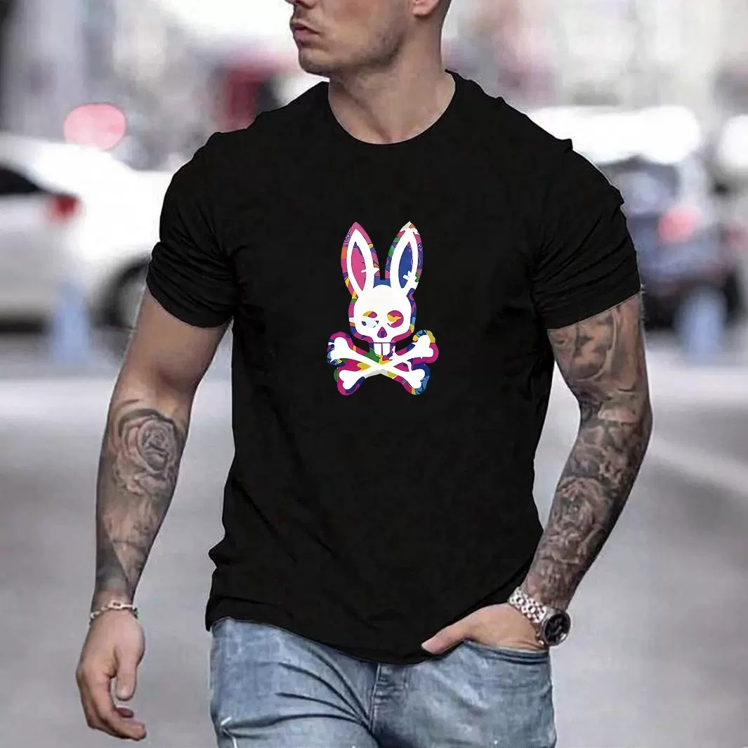 跨境Psycho Bunny男短T恤彩色骷髅兔圆领欧美街头潮流印花上衣T