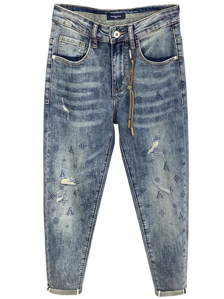 Slim Fit Printed Cropped Jeans For Men Distressed Patched Design_voghion.com