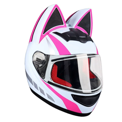 Motosiklet kaskı (dəbilqə) — Electric Vehicle Helmet, in Stock - white-pink-cat-transparent-lenses-s