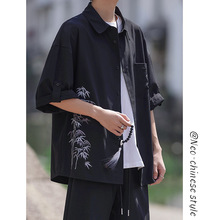 2024夏季新中式男士凉感冰丝垂感竹子国风半袖衬衫青少年大码复古