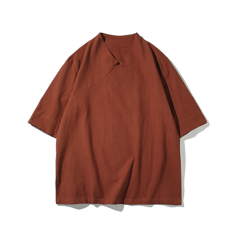 2023 Chinese Style Summer Men's Cotton and Linen Short-sleeved T-shirt Youth Large Size Pullover V-neck Linen Tang Suit Hanfu T-shirt