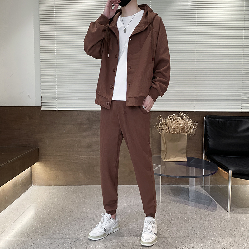Primavera y otoño traje casual para hombres primavera nueva marca de moda waffle cardigan hombre guapo ropa deportiva para hombres un conjunto