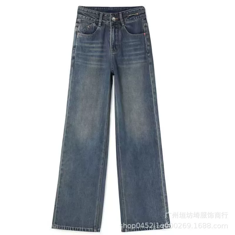 Женские джинсы Guangzhou Thirteen Lines в стиле ретро, ​​широкие брюки, весна 2025, новые популярные драпированные джинсы с высокой талией для похудения