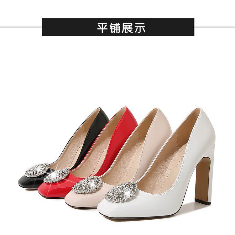 Giày cao gót nữ mũi vuông cỡ lớn, miệng nông gắn khóa pha lê, giày lễ phục cô dâu — Màu mơ, Màu trắng, Màu đen, Màu đỏ