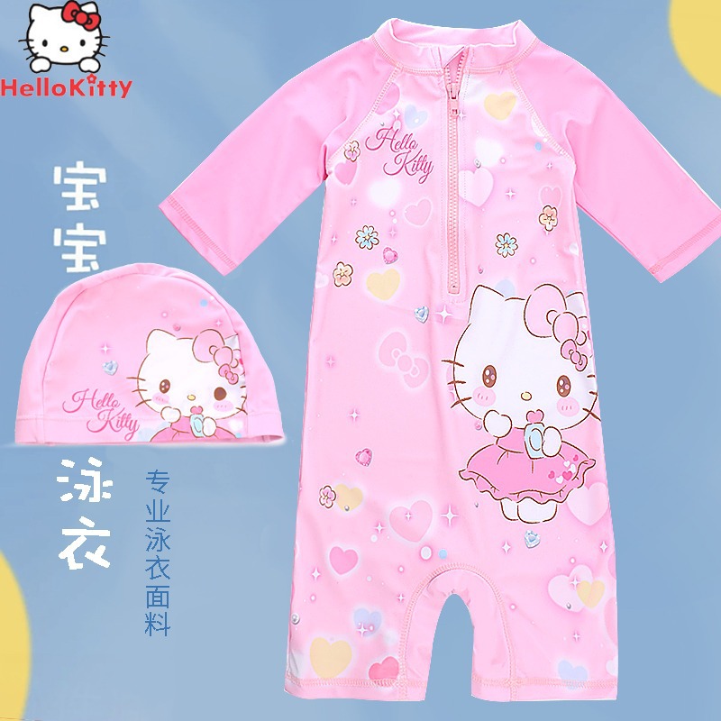 헬로키티 아동용 원피스 수영복 여아 여름용 중대형 어린이 수영복 및 수영모 세트 2025년 신상