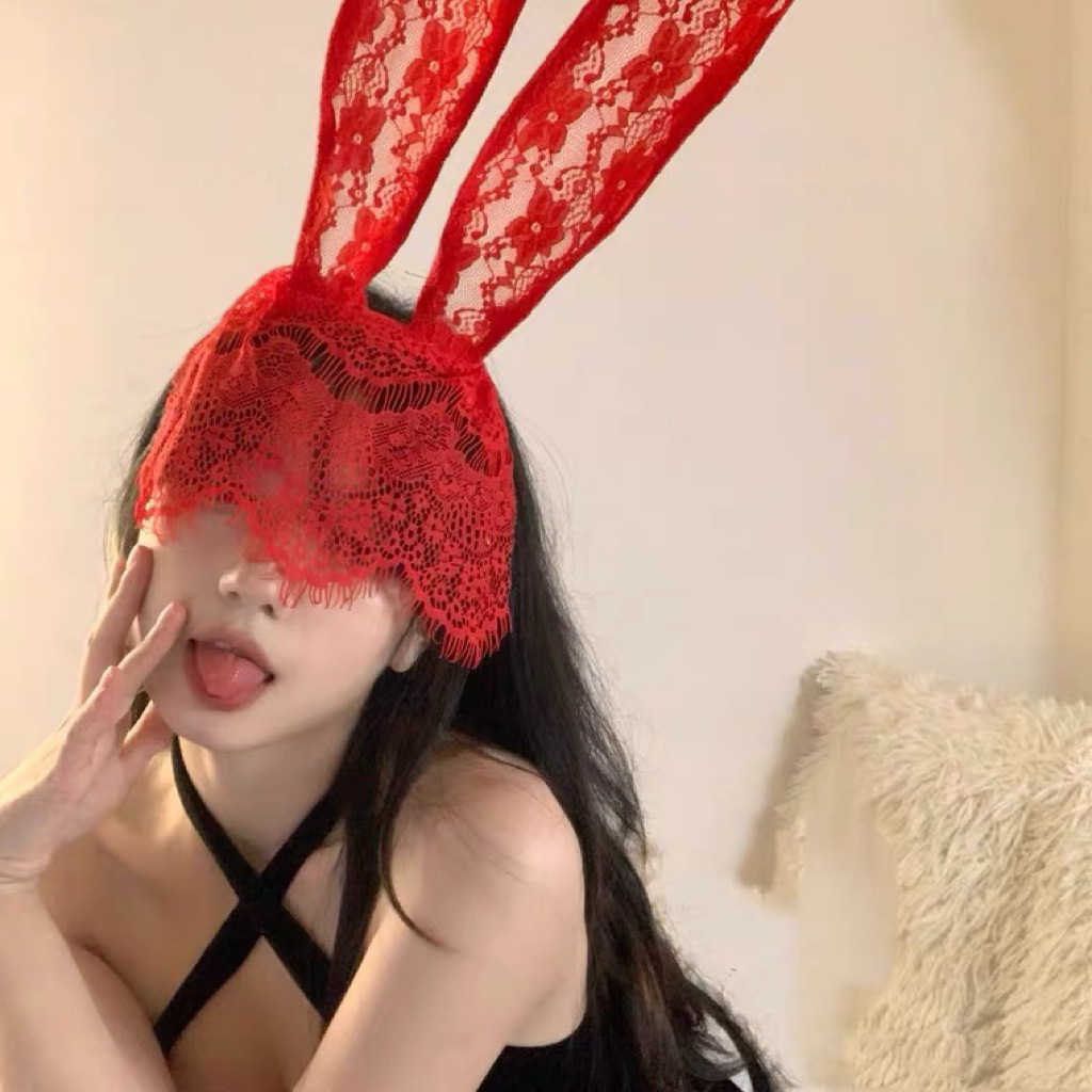 【T19】빨간색 토끼 귀 베일 머리띠
