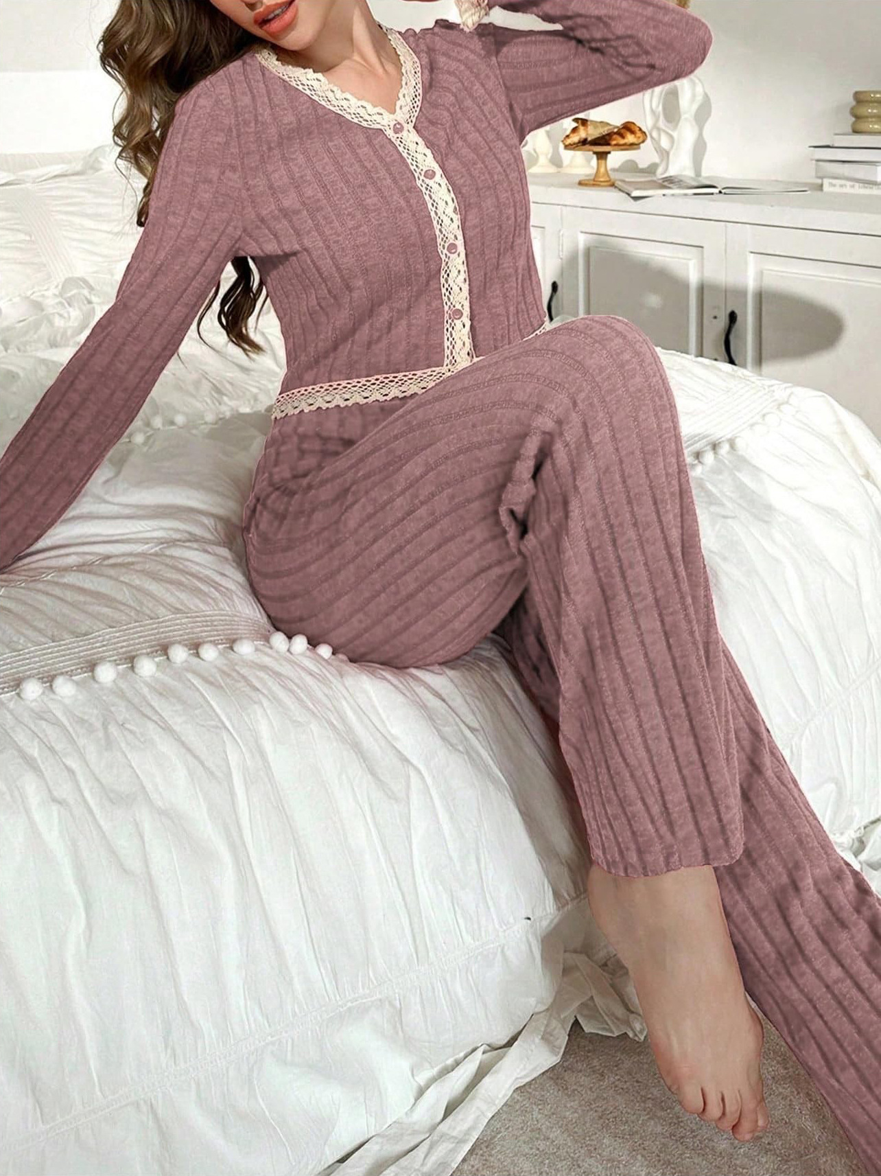 Women's Cropped Pajamas - Lace Trim Top & Pants Set, Stylish Home Wear_voghion.com