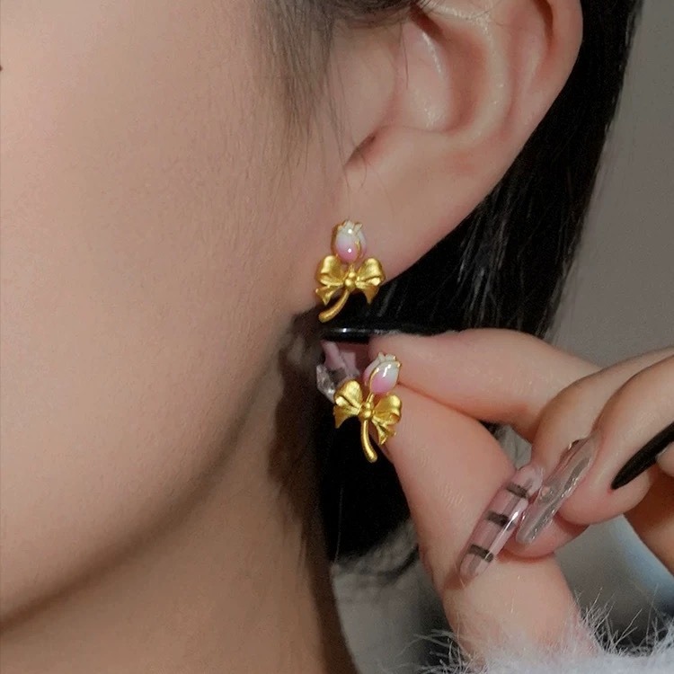 Sand Gold Enamel Tulip Earrings Fashion Temperament Gradient Flower Bow Earrings Valentine's Day Gift for Girlfriend_voghion.com