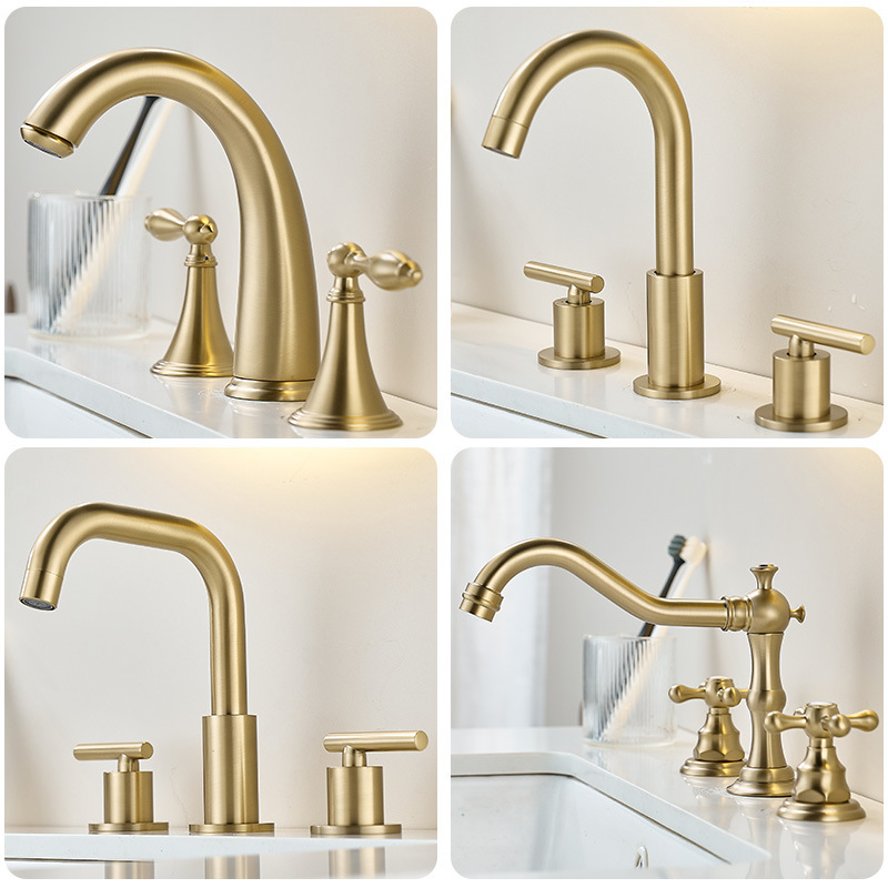 European Three-Hole Basin Faucet Split Bathroom Brushed Gold Washbasin Brass Bathroom Hot and Cold Faucet