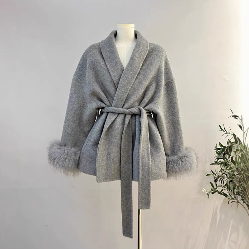 2026 New Fox Fur Double-Sided Wool Coat for Women, Short Coat, Elegant Bathrobe Style Double-Sided Woolen Coat, Cross-Border