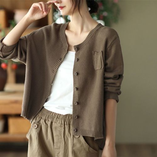 Art Deco Retro Cotton Knit Cardigan Loose Solid Color Pocket Spring and Autumn Women's Fashion Versatile Casual Outerwear Crew Neck