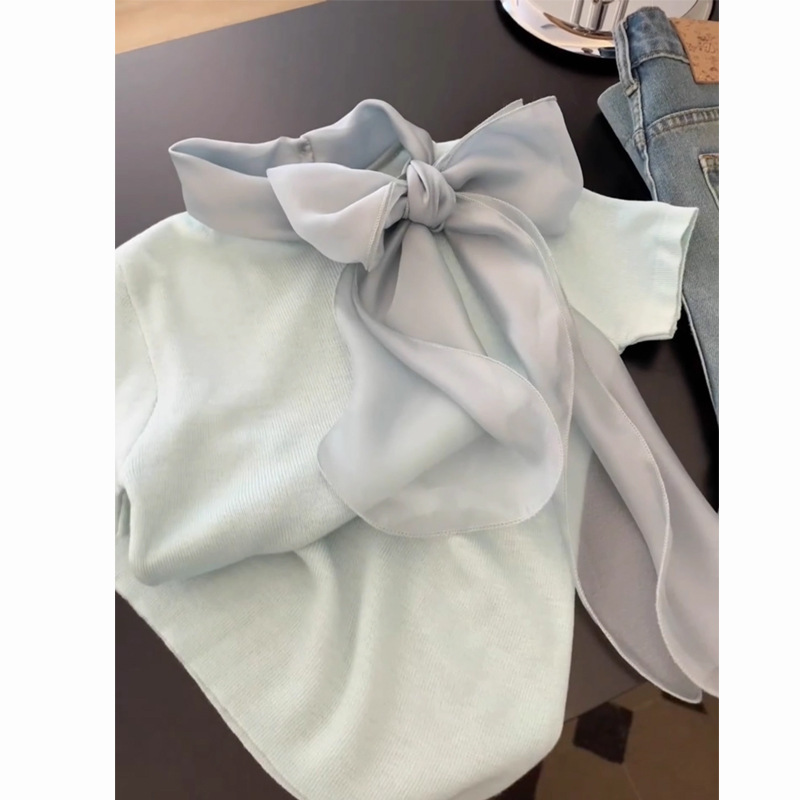 Gentle Bow Lace-up Short-sleeved Knitted T-shirt Women's Spring and Summer New French Style Slim-fit Slimming Shoulder Round Neck Top