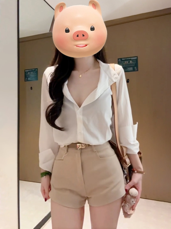 白色V领长袖衬衫女纯欲风2025秋季新款显瘦防晒衬衣小众法式上衣|undefined