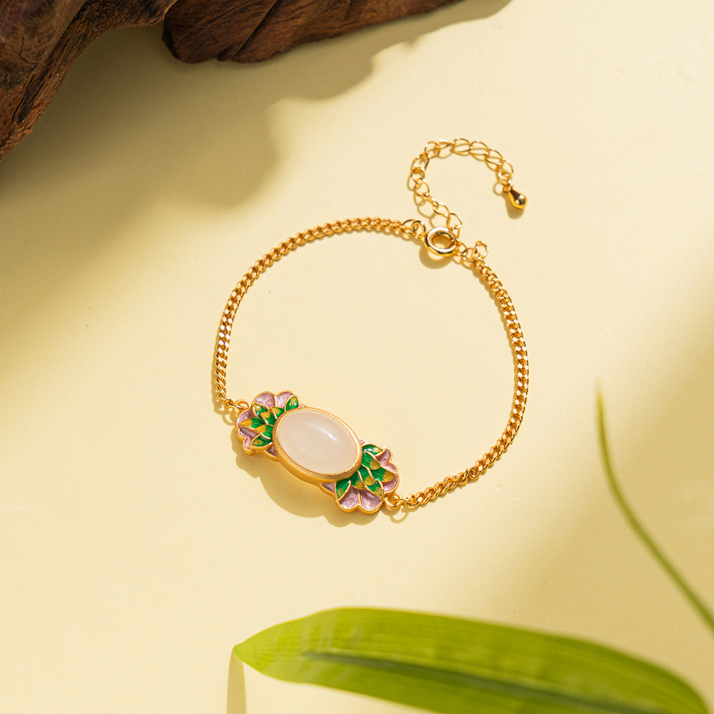 New Chinese Style Ancient Gold-Plated High-End Palace Style Good Luck Lotus Enamel Flower Bracelet Light Luxury Design Hand Jewelry