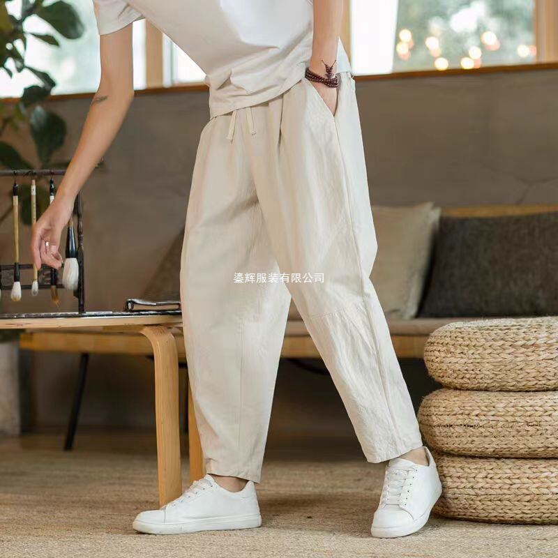 New linen men's trousers, loose fit, casual style, summer thin cropped trousers, straight leg, cotton and linen wide-leg harem pants, versatile.