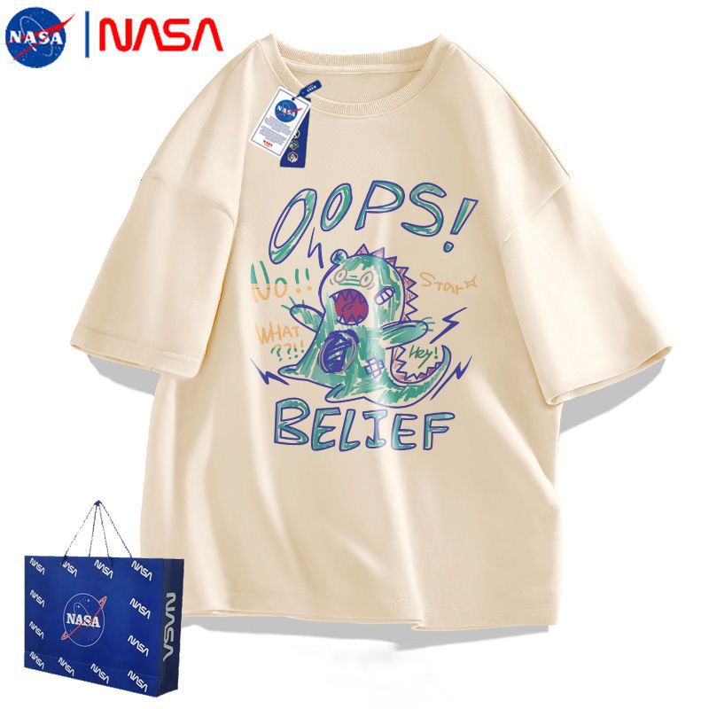 NASA卡通男士休闲夏季T纯棉宽松上衣青少年新款大码短袖百搭重磅