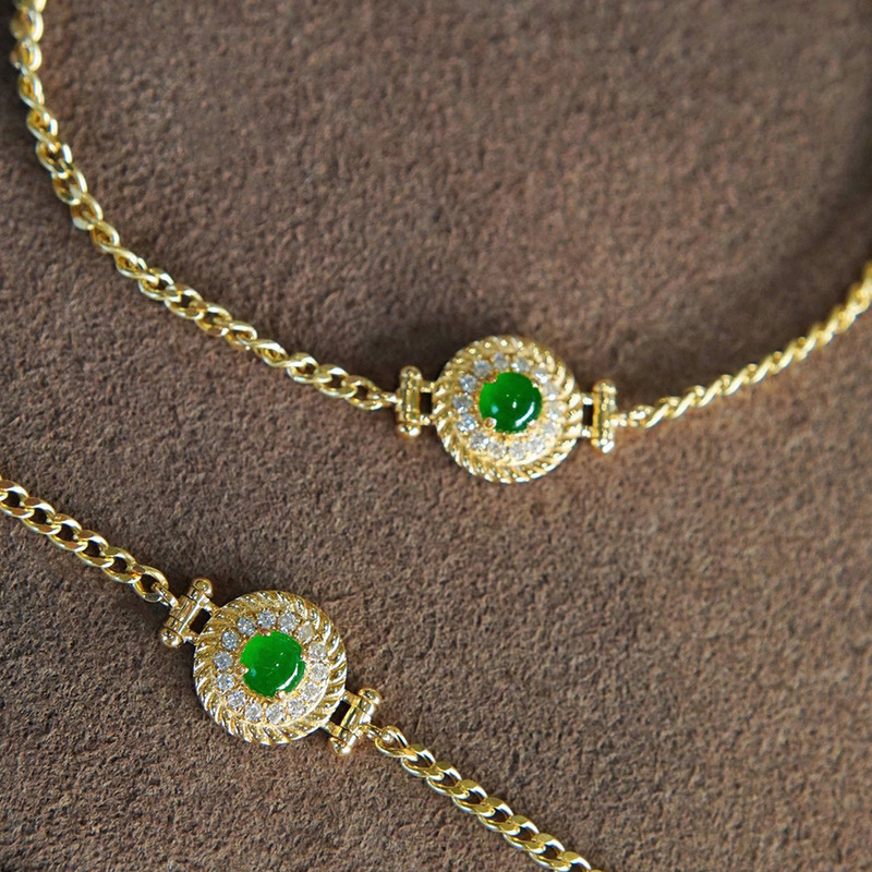 Carefully Selected 18K Gold Jade Bracelet K Gold Au750 Gold Natural Diamond Full Green Bracelet National Style Trendy Cuban Chain
