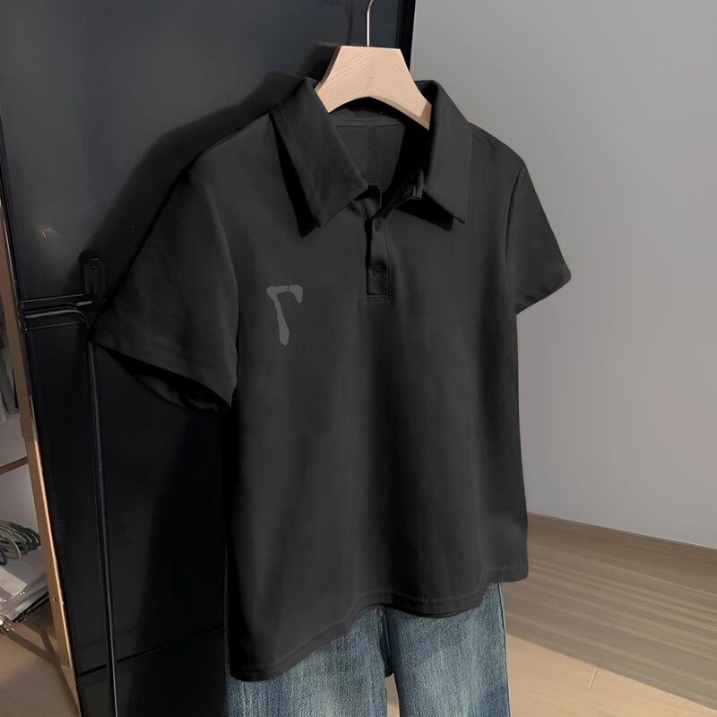 Summer Japanese-Style Stylish Polo Collar Short-Sleeve T-Shirt, Hong Kong Style Student Casual Korean Version Loose Black Top