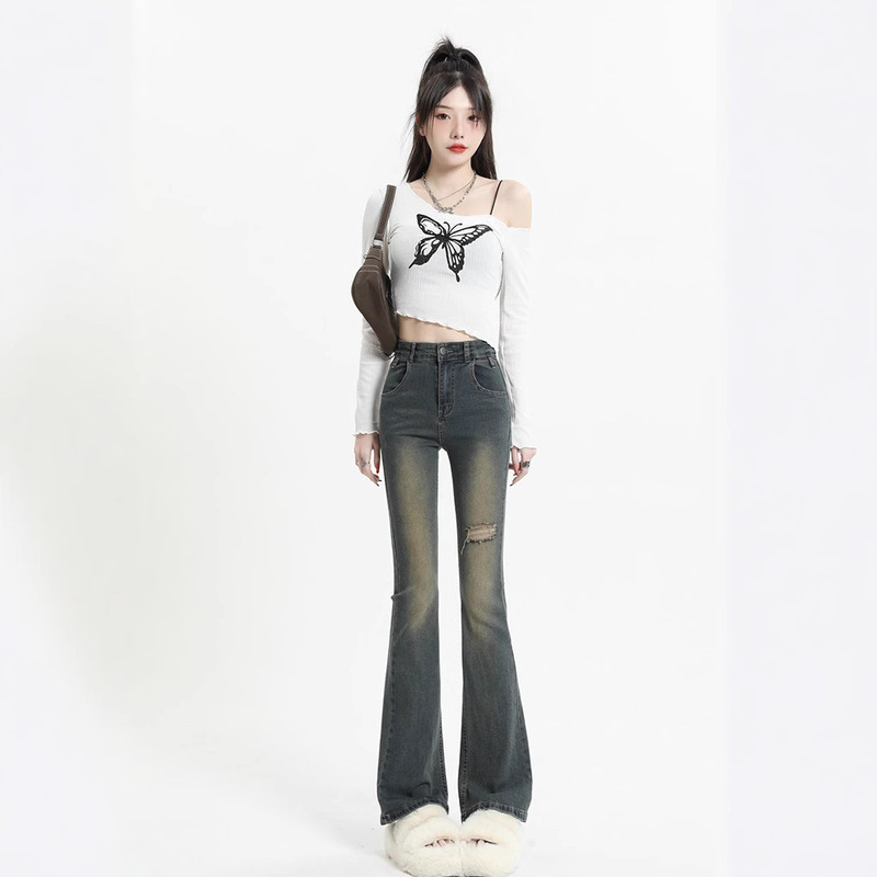 Retro Blue Ripped Bootcut Jeans for Women 2023 Early Spring New Sexy High-Waisted Slim Straight Horse Hoof Pants Retro Blue Ripped Bootcut Jeans for Women 2023 Early Spring New Sexy High-Waisted Slim Straight Horse Hoof Pants