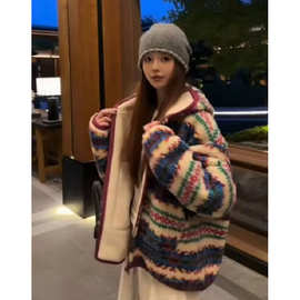 彩色费尔岛提花连帽羊羔毛外套女冬季加厚保暖摇粒绒慵懒宽松上衣