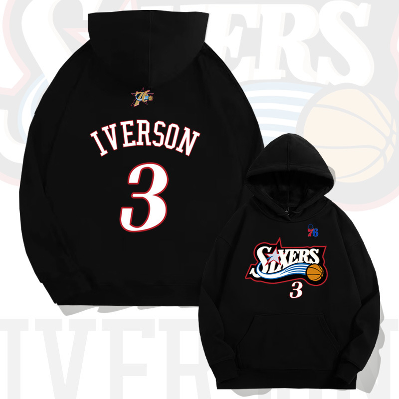 American-Style Trendy Basketball Hooded Sweatshirt for Men, 76Ers Iverson No. 3, Autumn Youth Loose-Fit Drop-Shoulder Long-Sleeve Jacket