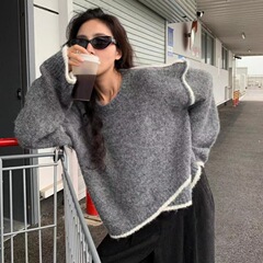 美式小众撞色不规则毛衣女2025冬季宽松慵懒风加厚圆领针织衫上衣