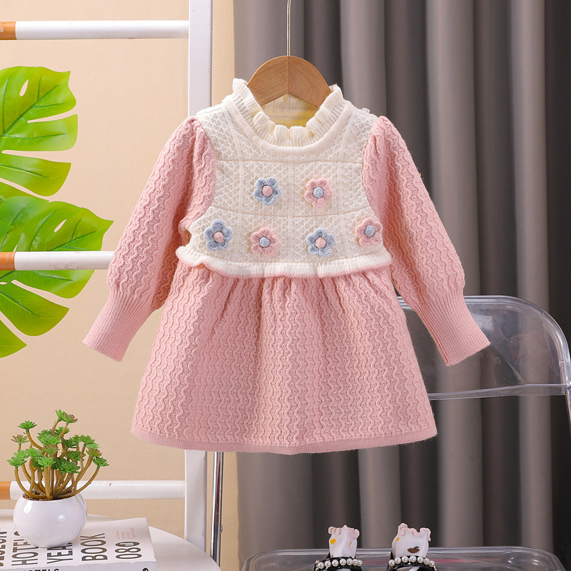 Niñas vestidos de suéter de otoño 2024 nuevas chicas falsas falda de dos piezas primavera y otoño bebé vestido de princesa de punto de moda