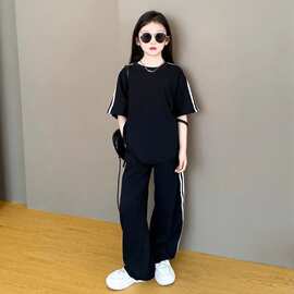 女童套装夏装2026新品女大童休闲条纹短袖洋气运动阔腿裤两件套潮