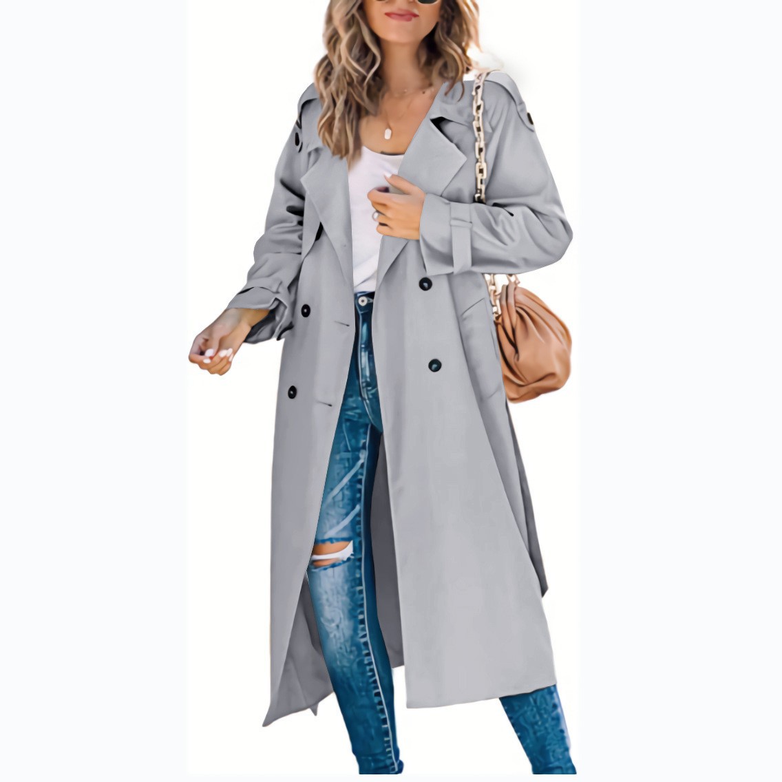 Women's windbreaker long elastic belt casual solid color windbreaker coat in autumn and winter_voghion.com