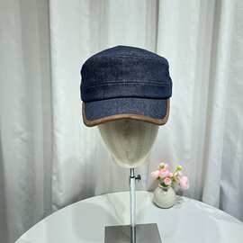 老钱风复古撞色牛仔马术帽女显脸小休闲百搭平顶鸭舌帽时髦贝雷帽