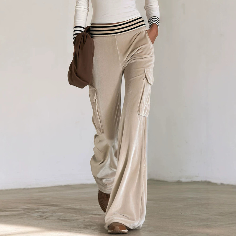 European and American cross-border autumn/winter new women's long pants, black and white striped casual pants, simple velvet work pants for women European and American cross-border autumn/winter new women's long pants, black and white striped casual pants, simple velvet work pants for women
